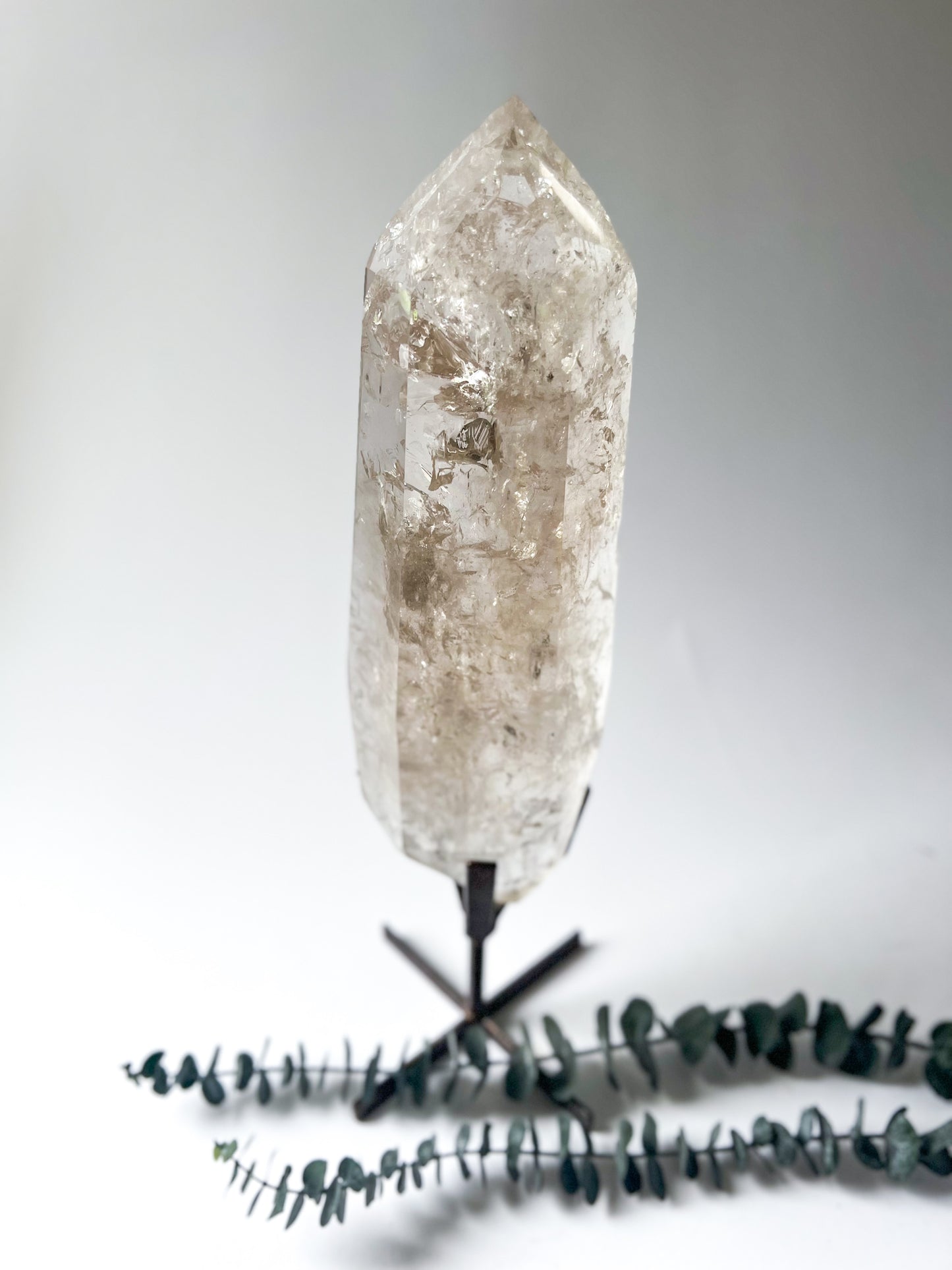 Polished Smoky Lemurian Quartz on Stand